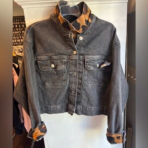 Custom made Stylish Black Denim Jacket with Leopard Print Sz xl